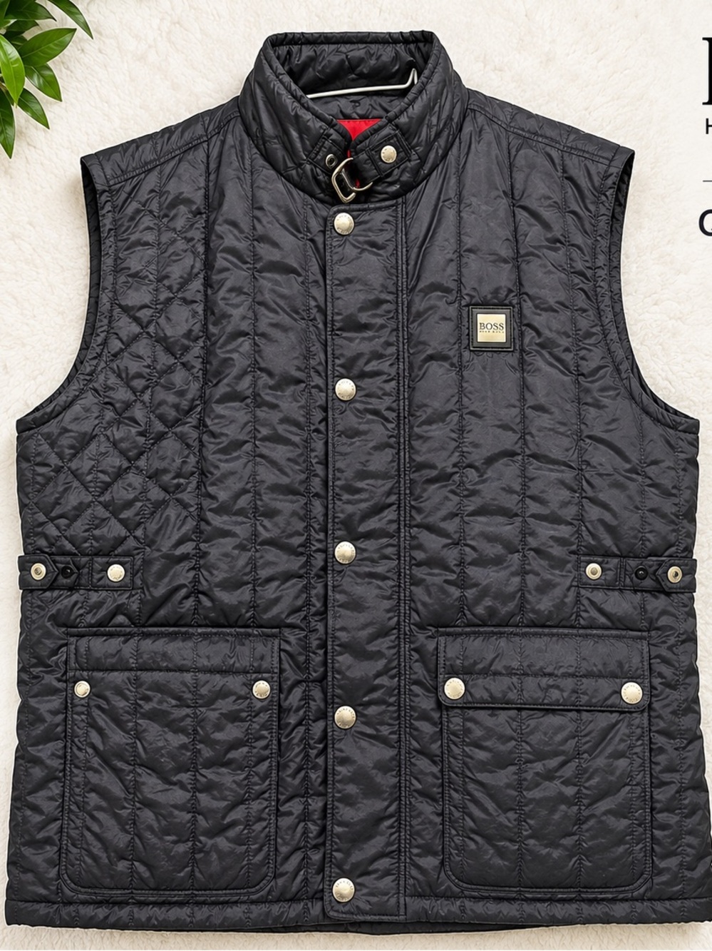 Hugo Boss Black Quilted Sleeveless Vest with Gold Accents